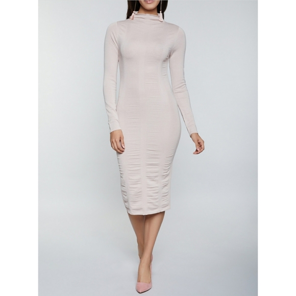 RUCHED CAPPED NECK LONG SLEEVE MIDI DRESS - Picture 13 of 13